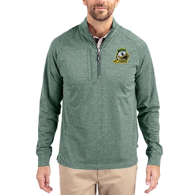 Women's Cutter & Buck  Heather Green Oregon Ducks Adapt Eco Knit Stretch Recycled DryTec Raglan Quarter-Zip Pullover