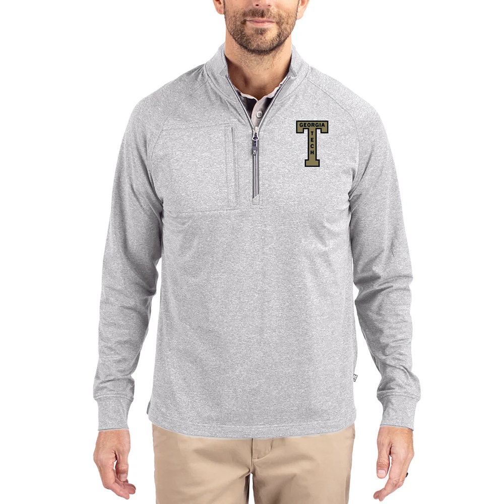 Women's Cutter & Buck Heather Gray Georgia Tech Yellow Jackets Adapt Eco Knit Stretch Recycled DryTec Raglan Quarter-Zip Pullover