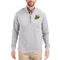 Women's Cutter & Buck  Heather Gray Baldwin Wallace Yellow Jackets Adapt Eco Knit Stretch Recycled DryTec Raglan Quarter-Zip Pullover