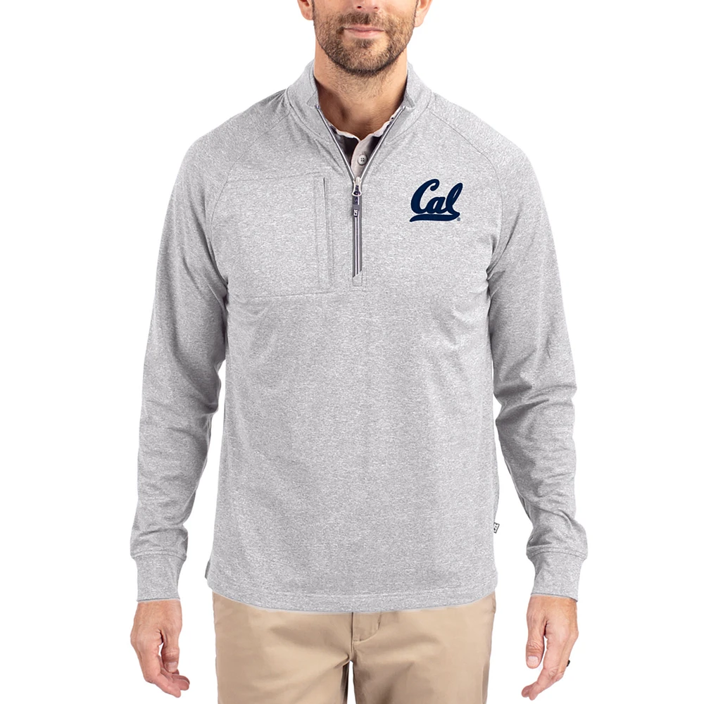 Women's Cutter & Buck Heather Gray Cal Bears Adapt Eco Knit Stretch Recycled DryTec Raglan Quarter-Zip Pullover
