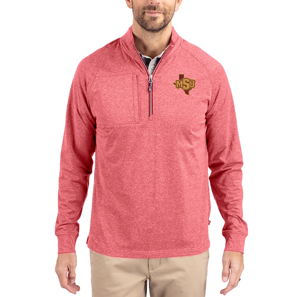 Women's Cutter & Buck Heather Red Midwestern State Mustangs Adapt Eco Knit Stretch Recycled DryTec Raglan Quarter-Zip Pullover
