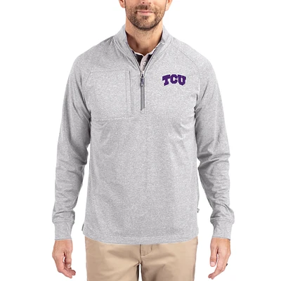 Women's Cutter & Buck  Heather Gray TCU Horned Frogs Adapt Eco Knit Stretch Recycled DryTec Raglan Quarter-Zip Pullover