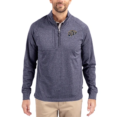 Women's Cutter & Buck  Heather Navy UTEP Miners Adapt Eco Knit Stretch Recycled DryTec Raglan Quarter-Zip Pullover