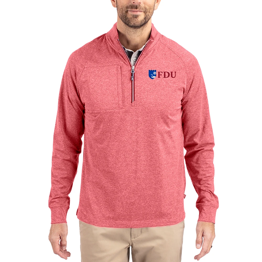 Women's Cutter & Buck Heather Red Fairleigh Dickinson Knights Adapt Eco Knit Stretch Recycled DryTec Raglan Quarter-Zip Pullover