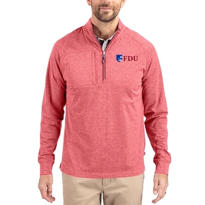 Women's Cutter & Buck  Heather Red Fairleigh Dickinson Knights Adapt Eco Knit Stretch Recycled DryTec Raglan Quarter-Zip Pullover