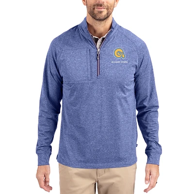 Women's Cutter & Buck Heather Albany State Golden Rams Adapt Eco Knit Stretch Recycled DryTec Raglan Quarter-Zip Pullover