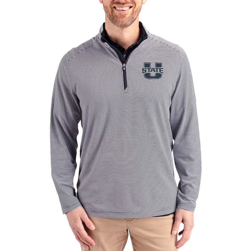 Men's Cutter & Buck Navy Utah State Aggies Virtue Micro Stripe DryTec Quarter-Zip Pullover