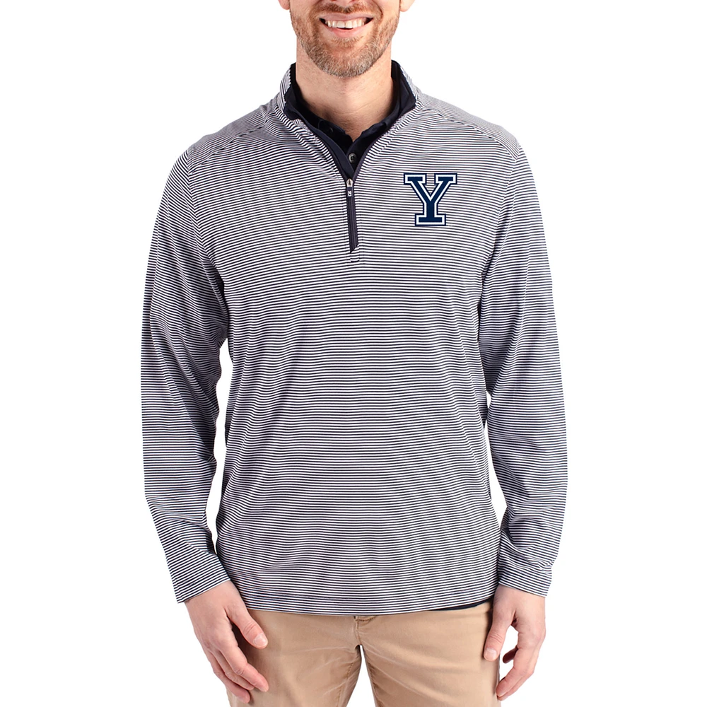 Men's Cutter & Buck Navy Yale Bulldogs Virtue Micro Stripe DryTec Quarter-Zip Pullover