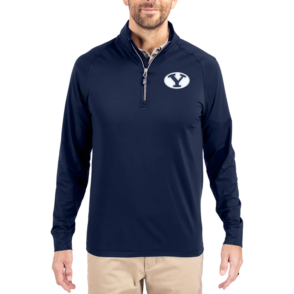 Men's Cutter & Buck Navy BYU Cougars Adapt Eco Knit Stretch Recycled Quarter-Zip Pullover
