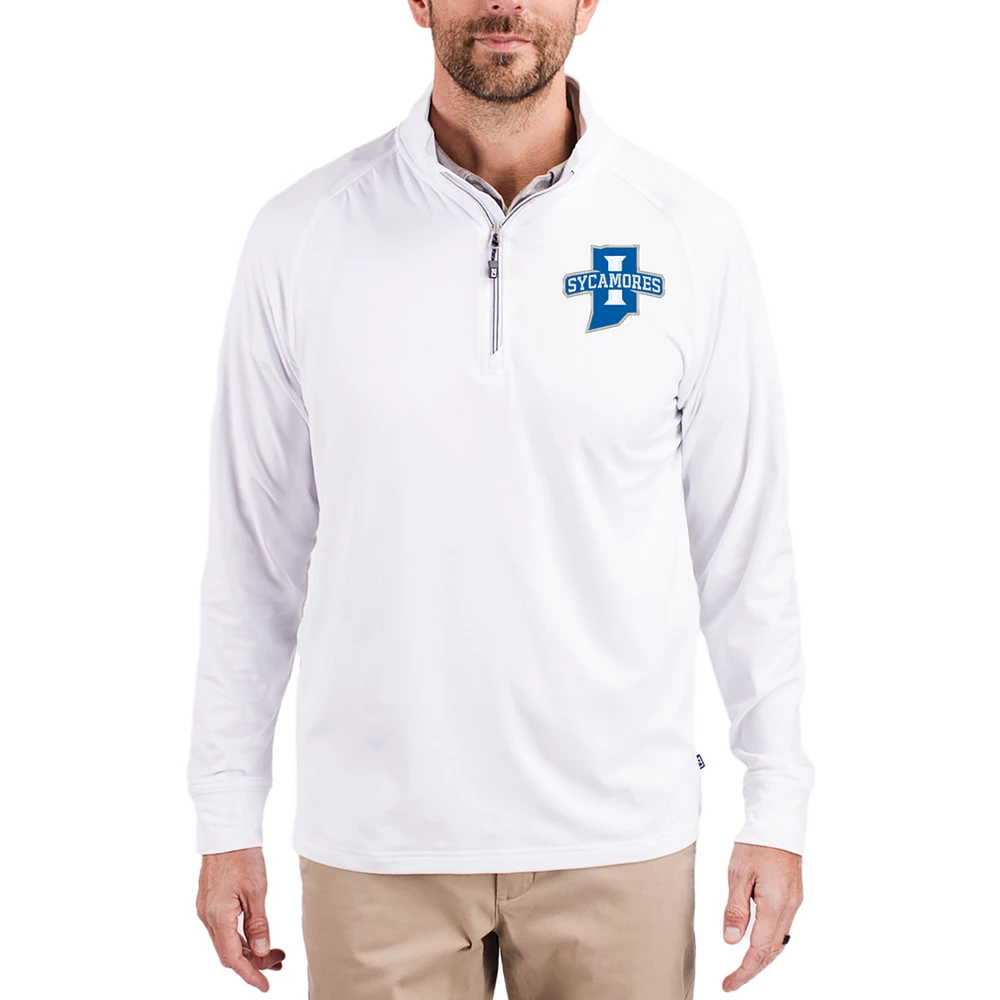 Men's Cutter & Buck White Indiana State Sycamores Adapt Eco Knit Stretch Recycled Quarter-Zip Pullover