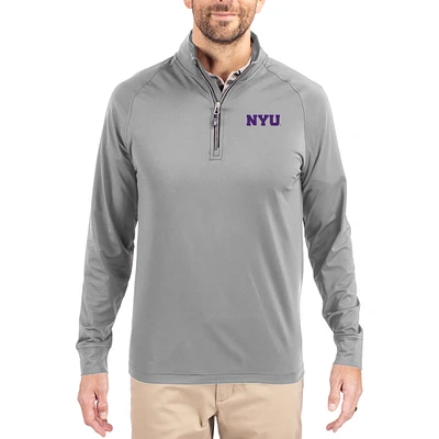 Men's Cutter & Buck Gray NYU Violets Adapt Eco Knit Stretch Recycled Quarter-Zip Pullover
