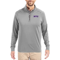 Men's Cutter & Buck Gray NYU Violets Adapt Eco Knit Stretch Recycled Quarter-Zip Pullover