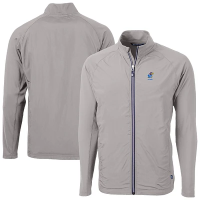 Men's Cutter & Buck  Gray Kansas Jayhawks Adapt Eco Knit Hybrid Recycled Full-Zip Jacket