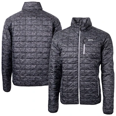 Men's Cutter & Buck  Black NYU Violets Rainier Eco Insulated Camo PrimaLoft Full-Zip Puffer Jacket