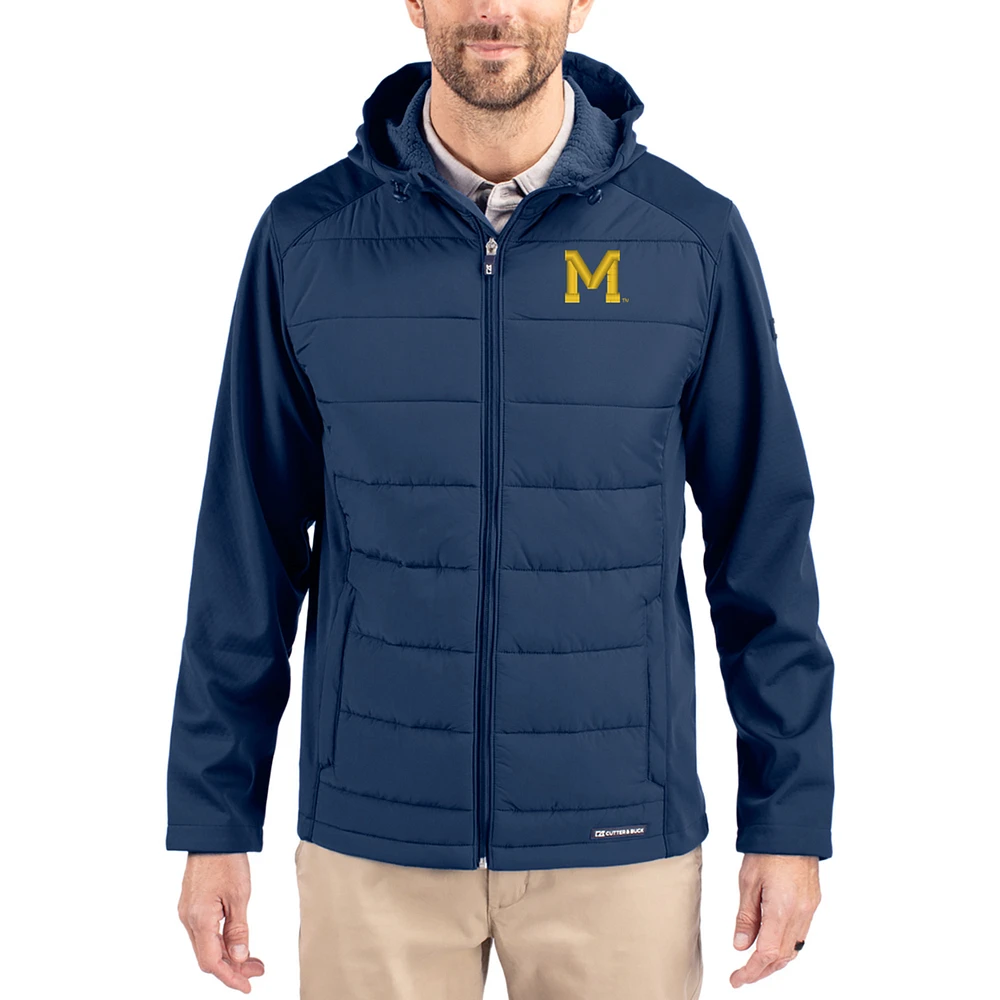 Men's Cutter & Buck Navy Michigan Wolverines Evoke Hybrid Eco Softshell Recycled Full Zip Hooded Jacket