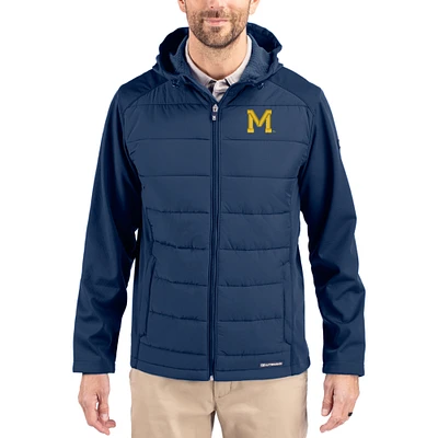 Men's Cutter & Buck Navy Michigan Wolverines Evoke Hybrid Eco Softshell Recycled Full Zip Hooded Jacket