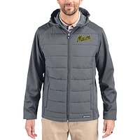Men's Cutter & Buck Gray George Mason Patriots Evoke Hybrid Eco Softshell Recycled Full Zip Hooded Jacket