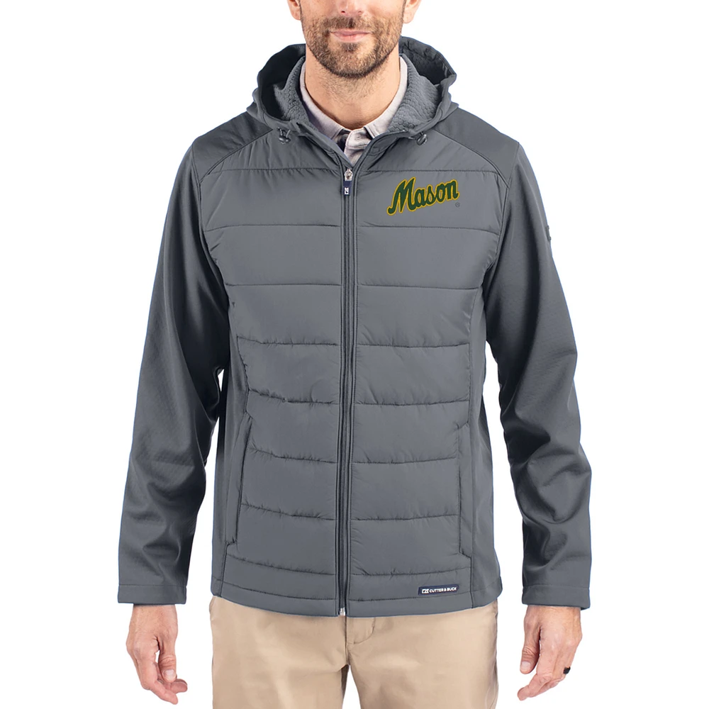 Men's Cutter & Buck Gray George Mason Patriots Evoke Hybrid Eco Softshell Recycled Full Zip Hooded Jacket