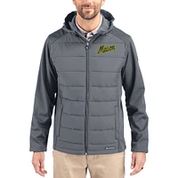Men's Cutter & Buck Gray George Mason Patriots Evoke Hybrid Eco Softshell Recycled Full Zip Hooded Jacket