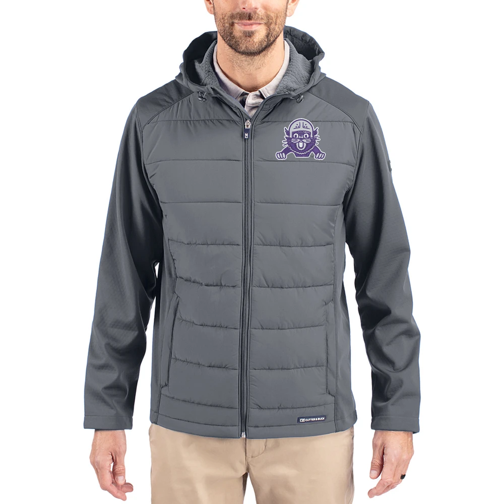 Men's Cutter & Buck Northwestern Wildcats Evoke Hybrid Eco Softshell Recycled Full Zip Hooded Jacket
