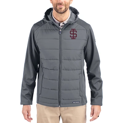 Men's Cutter & Buck Gray Southern Illinois Salukis Evoke Hybrid Eco Softshell Recycled Full Zip Hooded Jacket