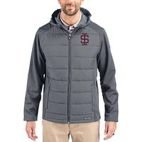 Men's Cutter & Buck Gray Southern Illinois Salukis Evoke Hybrid Eco Softshell Recycled Full Zip Hooded Jacket