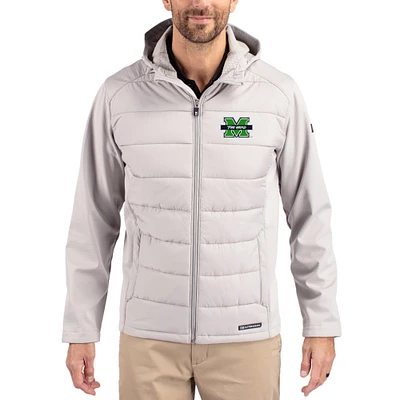 Men's Cutter & Buck Gray Marshall Thundering Herd Evoke Hybrid Eco Softshell Recycled Full Zip Hooded Jacket