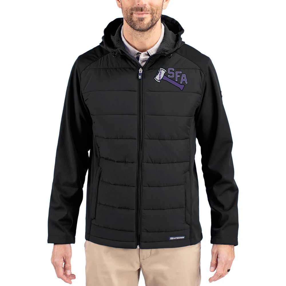 Men's Cutter & Buck Black Stephen F Austin Lumberjacks Evoke Hybrid Eco Softshell Recycled Full Zip Hooded Jacket