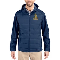 Men's Cutter & Buck Navy Northern Arizona Lumberjacks Evoke Hybrid Eco Softshell Recycled Full Zip Hooded Jacket