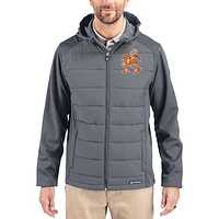 Men's Cutter & Buck Gray Miami Hurricanes Evoke Hybrid Eco Softshell Recycled Full Zip Hooded Jacket