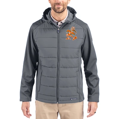 Men's Cutter & Buck Gray Miami Hurricanes Evoke Hybrid Eco Softshell Recycled Full Zip Hooded Jacket