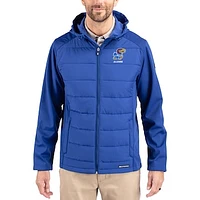 Men's Cutter & Buck Blue Kansas Jayhawks Evoke Hybrid Eco Softshell Recycled Full Zip Hooded Jacket