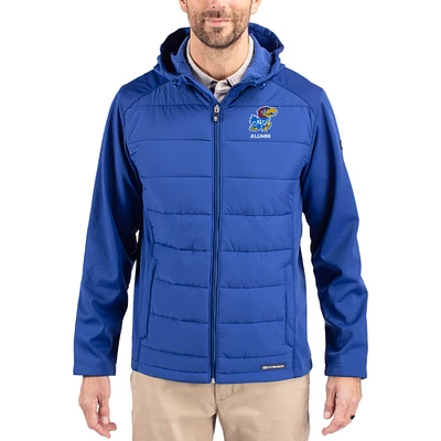 Men's Cutter & Buck Blue Kansas Jayhawks Evoke Hybrid Eco Softshell Recycled Full Zip Hooded Jacket