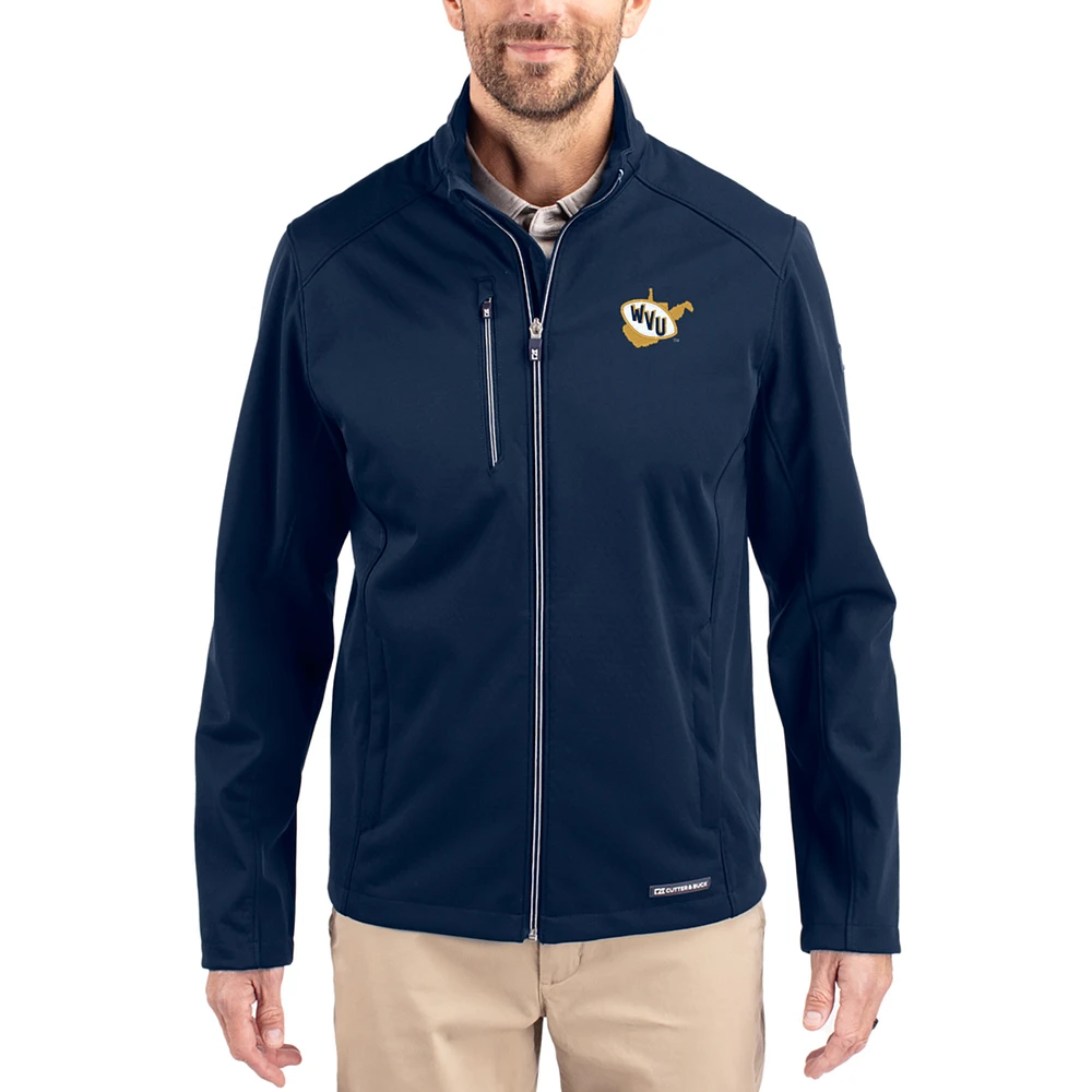 Men's Cutter & Buck Navy West Virginia Mountaineers Evoke Eco Softshell Recycled Full-Zip Jacket
