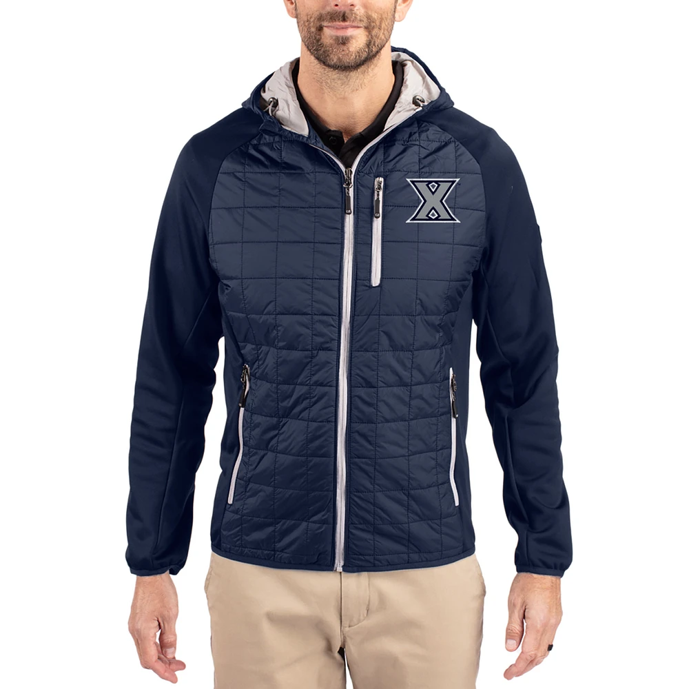 Men's Cutter & Buck Navy Xavier Musketeers Rainier Eco Hybrid PrimaLoft Raglan Full-Zip Jacket