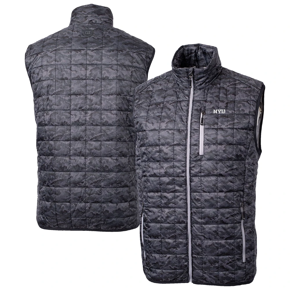 Men's Cutter & Buck Black NYU Violets Rainier PrimaLoft Camo Full-Zip Puffer Vest