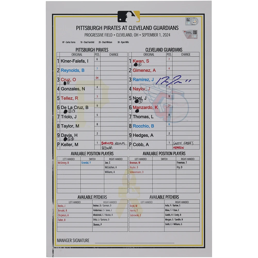 Jose Ramirez Cleveland Guardians Autographed Game-Used Lineup Card vs. Pittsburgh Pirates on September 1, 2024