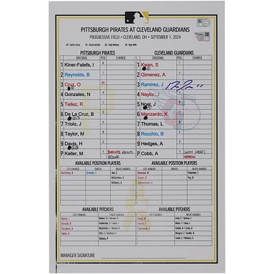 Jose Ramirez Cleveland Guardians Autographed Game-Used Lineup Card vs. Pittsburgh Pirates on September 1, 2024