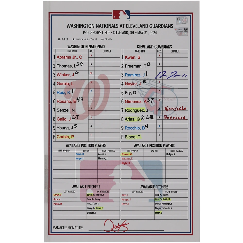Jose Ramirez Cleveland Guardians Autographed Game-Used Lineup Card vs. Washington Nationals on May 31, 2024