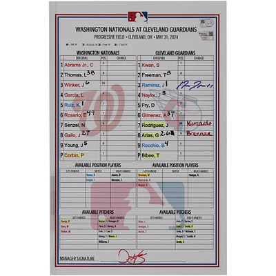 Jose Ramirez Cleveland Guardians Autographed Game-Used Lineup Card vs. Washington Nationals on May 31, 2024