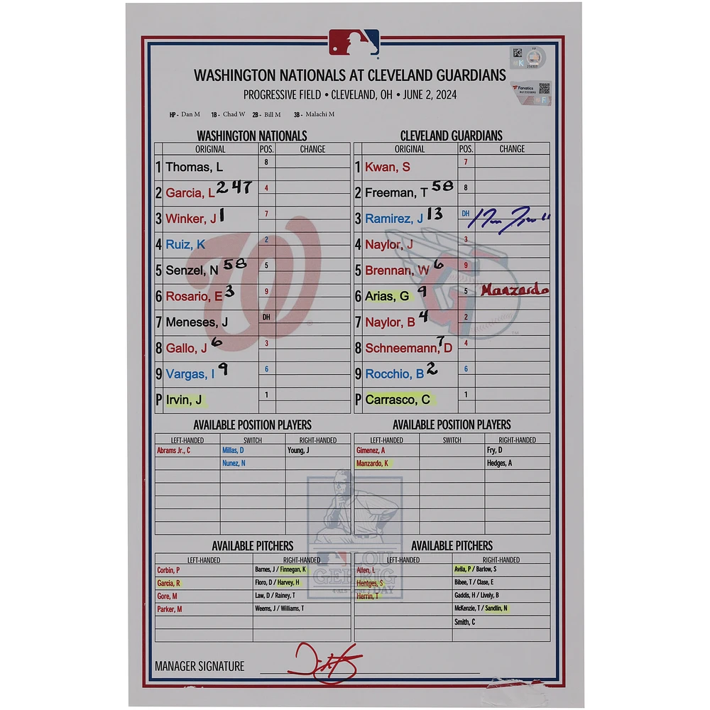 Jose Ramirez Cleveland Guardians Autographed Game-Used Lineup Card vs. Washington Nationals on June 2, 2024