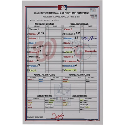 Jose Ramirez Cleveland Guardians Autographed Game-Used Lineup Card vs. Washington Nationals on June 2, 2024