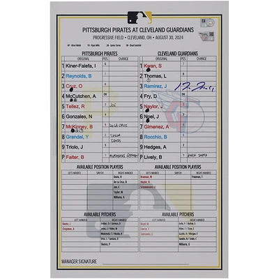 Jose Ramirez Cleveland Guardians Autographed Game-Used Lineup Card vs. Pittsburgh Pirates on August 30, 2024