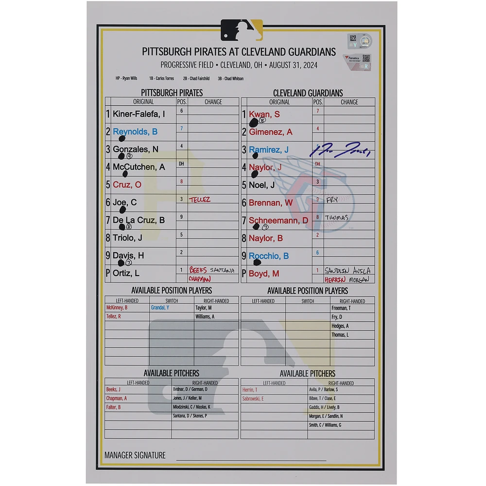 Jose Ramirez Cleveland Guardians Autographed Game-Used Lineup Card vs. Pittsburgh Pirates on August 31, 2024