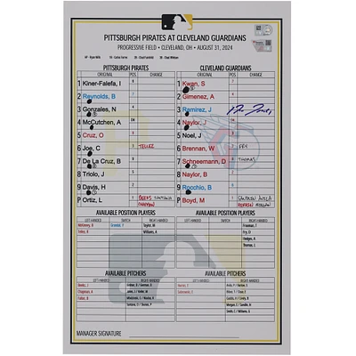 Jose Ramirez Cleveland Guardians Autographed Game-Used Lineup Card vs. Pittsburgh Pirates on August 31, 2024