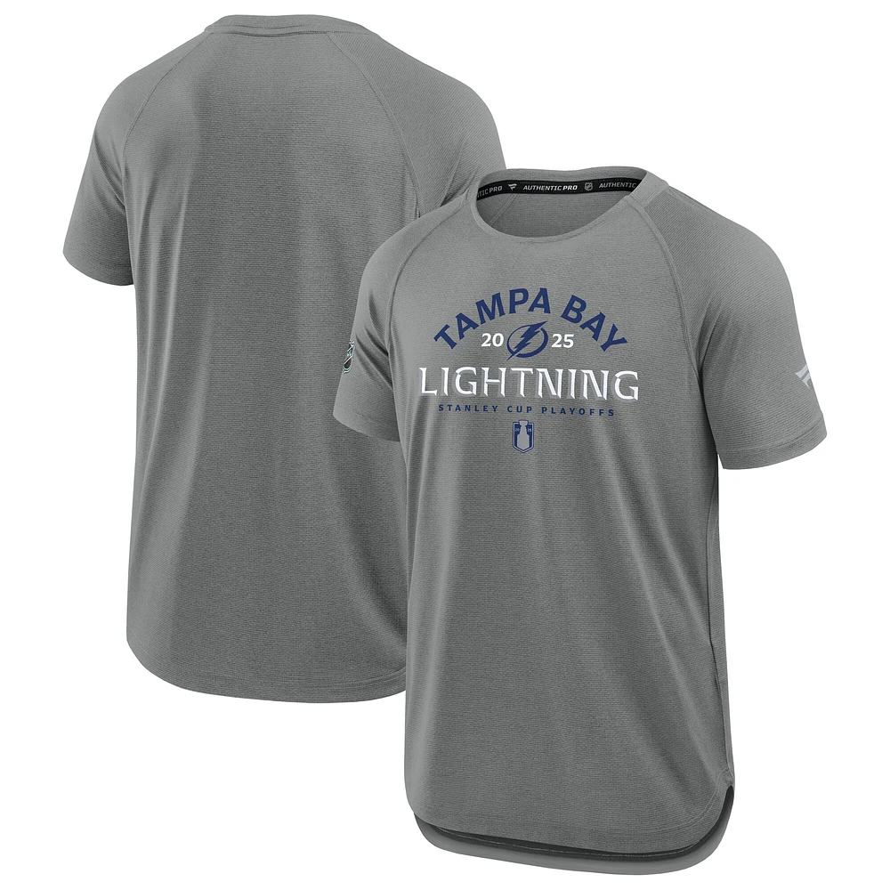 Men's Fanatics Heather Gray Tampa Bay Lightning 2025 Stanley Cup Playoffs Authentic Pro Rink Performance T-Shirt