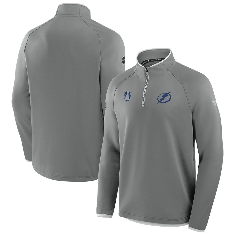 Men's Fanatics Gray Tampa Bay Lightning 2025 Stanley Cup Playoffs Authentic Pro Fleece Quarter-Zip Pullover