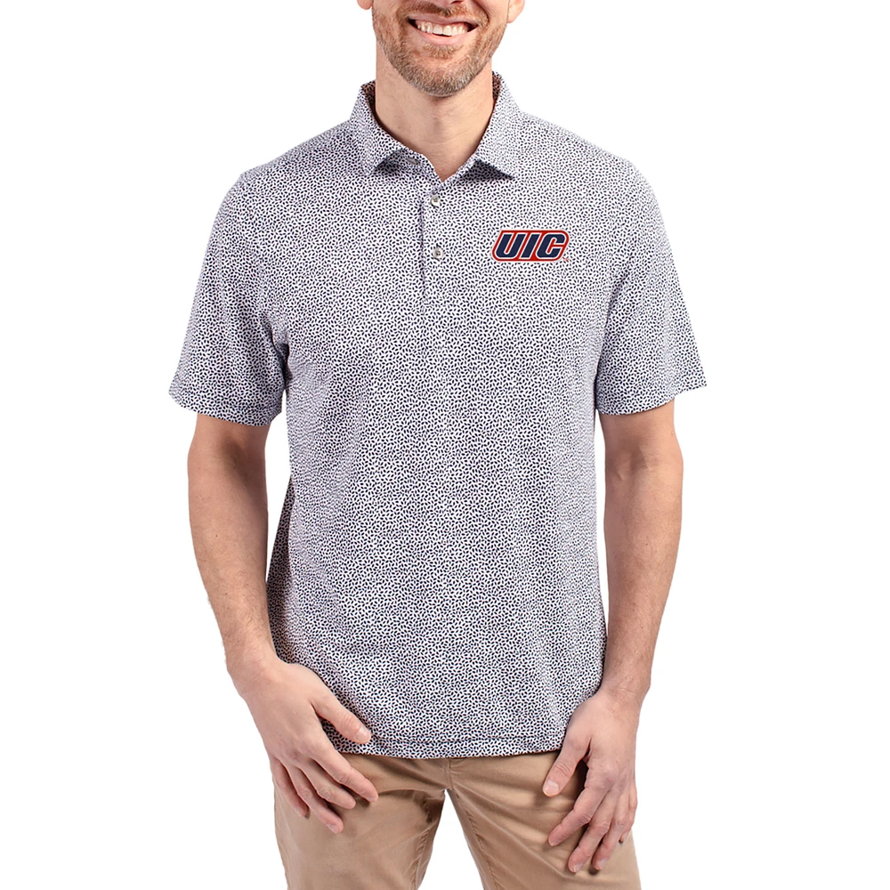 Men's Cutter & Buck Navy UIC Flames Virtue Eco Pique Botanical Print Recycled DryTec Polo