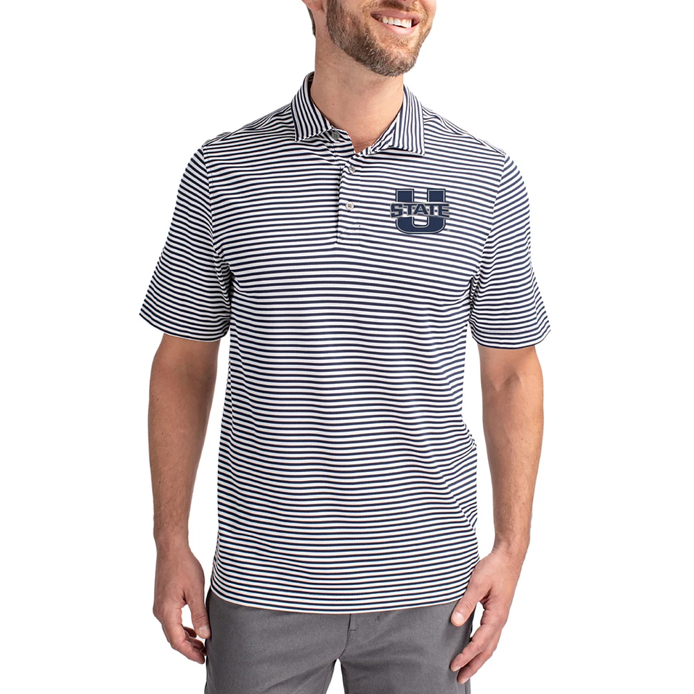 Men's Cutter & Buck Navy Utah State Aggies Virtue Eco Pique Stripe Recycled DryTec Polo