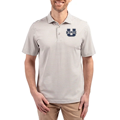 Men's Cutter & Buck  Gray Utah State Aggies Virtue Eco Pique Stripe Recycled DryTec Polo